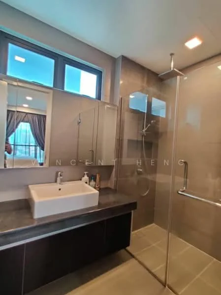 Bathroom features: single-sink vanity with white cabinet, chrome basin mixer faucet, framed mirror, walk-in shower with glass enclosure, rain shower head, handheld shower, grey tiled walls, light grey floor tiles, recessed downlights, window with sheer curtains; style: modern; view: city.