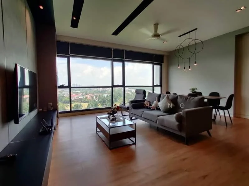 Living features: large floor-to-ceiling windows, grey fabric 3-seater sofa, wooden coffee table, TV console with wall-mounted TV, light wood flooring, ceiling fan with light, decorative pendant lights, black accent wall, open dining area, black dining chairs, dining table for 4, city view from windows; style: modern; view: city.