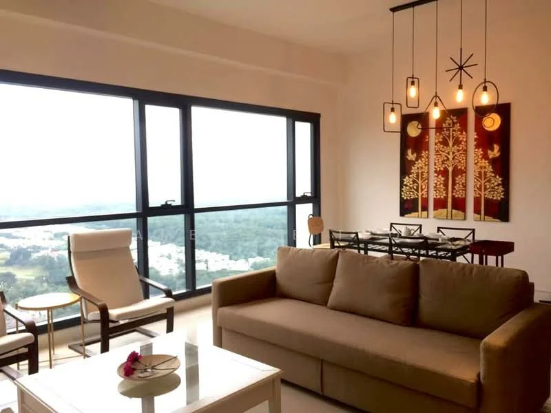 Living features: 3-seater fabric sofa in beige, coffee table with white surface, dining table with black metal frame and glass top, 4 upholstered dining chairs, floor-to-ceiling windows, hanging pendant lights with multiple bulbs, decorative wall art with tree design, light-colored flooring, side chair with armrests, decorative plant on table; style: modern; view: city.