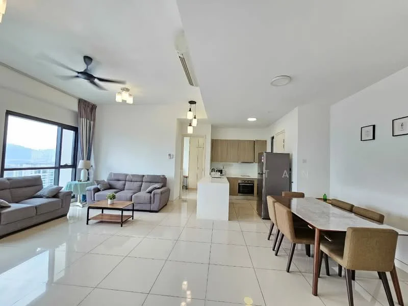 Living features: 3-seater fabric sofa in grey, 2-seater fabric sofa in grey, coffee table, wall-mounted TV, ceiling fan, recessed downlights, large floor-to-ceiling windows, white painted walls, tile flooring; style: modern; view: mountain. Dining features: 6-seater dining table with marble top, upholstered dining chairs, white painted walls, tile flooring; style: modern. Kitchen features: stainless-steel fridge, built-in oven, 4-burner gas hob, white cabinetry, white countertop, tile backsplash, tile flooring; style: modern.