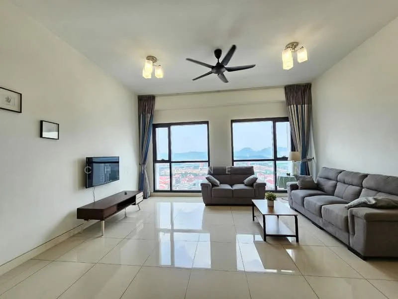 Living features: 3-seater fabric sofa in grey, 2-seater fabric sofa in grey, coffee table, wall-mounted TV, TV console, 5-blade ceiling fan with light, floor-to-ceiling windows, curtains in blue, white painted walls, glossy tile flooring, decorative wall art, mountain view; style: modern; view: mountain.
