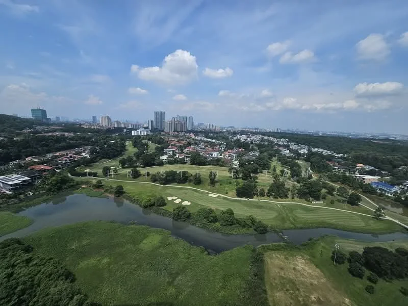 Exterior type: high-rise condominium; features: city skyline view, golf course view, lush greenery, water body, urban landscape, open sky, well-maintained lawns; style: modern.