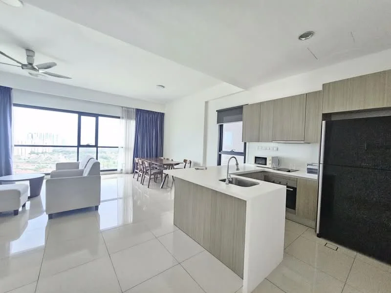 Living features: floor-to-ceiling windows, white walls, recessed downlights, 5-blade ceiling fan, marble tile flooring, grey sofa, wood dining table, upholstered dining chairs, kitchen island with sink, stainless-steel refrigerator, built-in microwave, kitchen cabinetry in light wood; style: modern; view: city.
