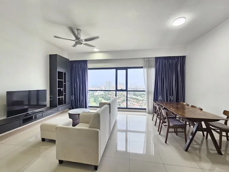 Living features: 3-seater fabric sofa in white, coffee table, wall-mounted TV, TV console in black, floor-to-ceiling windows, curtains in dark blue, ceiling fan with light, polished tile flooring, decorative wall shelving, dining table with wooden chairs; style: modern; view: city.