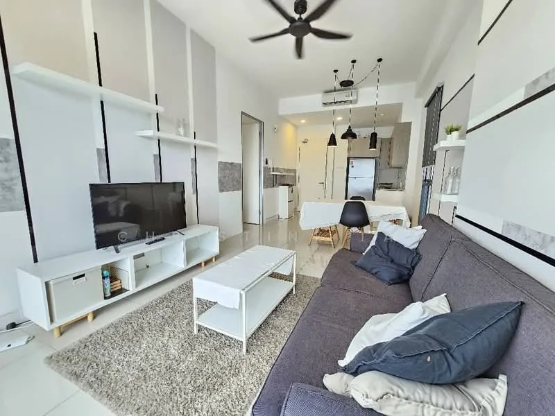 Living features: 3-seater fabric sofa in grey, coffee table, TV console, wall-mounted TV, area rug with geometric pattern, ceiling fan, recessed LED downlights, white shelving units, decorative wall panels, open layout to kitchen, large windows for natural light, neutral color palette; style: modern. Kitchen features: kitchen island, stainless-steel fridge, built-in oven, freestanding range oven, white cabinetry, quartz countertop, open shelving, pendant lighting; style: modern.