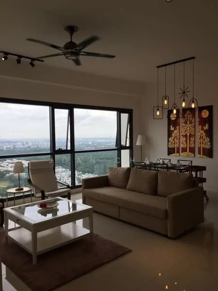 Living features: 3-seater fabric sofa in beige, glass coffee table, area rug with geometric pattern, floor-to-ceiling windows, city view, 5-blade ceiling fan with light, pendant lighting with multiple bulbs, dining table for 4, decorative wall art, laminate flooring, white painted walls; style: modern; view: city.