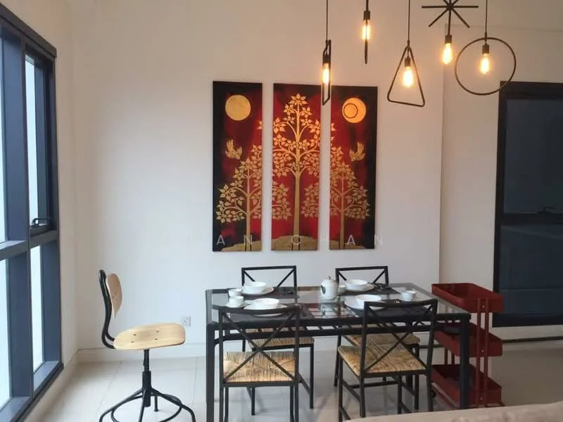 Dining features: wooden dining table, 4 dining chairs with woven seats, decorative wall art with tree design, pendant lighting with multiple bulbs, large windows with black frames, white painted walls, light-colored flooring, red accent wall; style: modern.