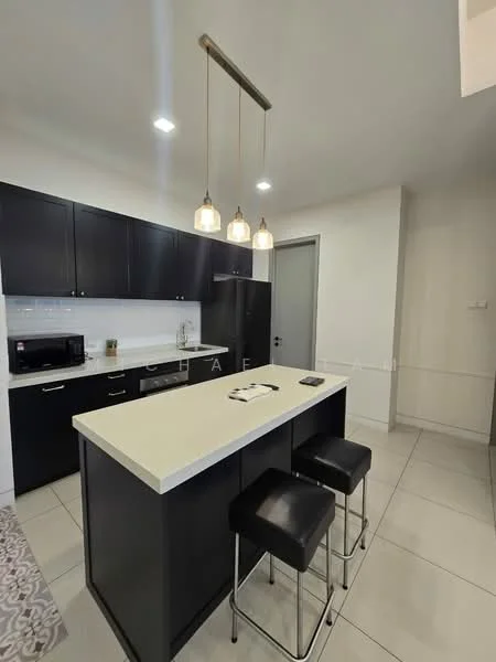 Kitchen features: black cabinetry, white quartz countertop, stainless-steel sink, chrome pull-down faucet, built-in microwave, freestanding range oven, 3 pendant lights, tile backsplash, ceramic tile flooring, open shelving, bar stools, recessed downlights; style: modern.