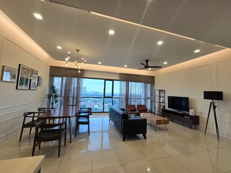 Living features: floor-to-ceiling windows, city view, 5-blade ceiling fan with light, chandelier, cream painted walls, white ceiling with recessed lighting, polished tile flooring, black leather sofa, wooden coffee table, wooden dining table with chairs, TV console, wall-mounted TV, decorative plant, black floor lamp; style: modern; view: city.