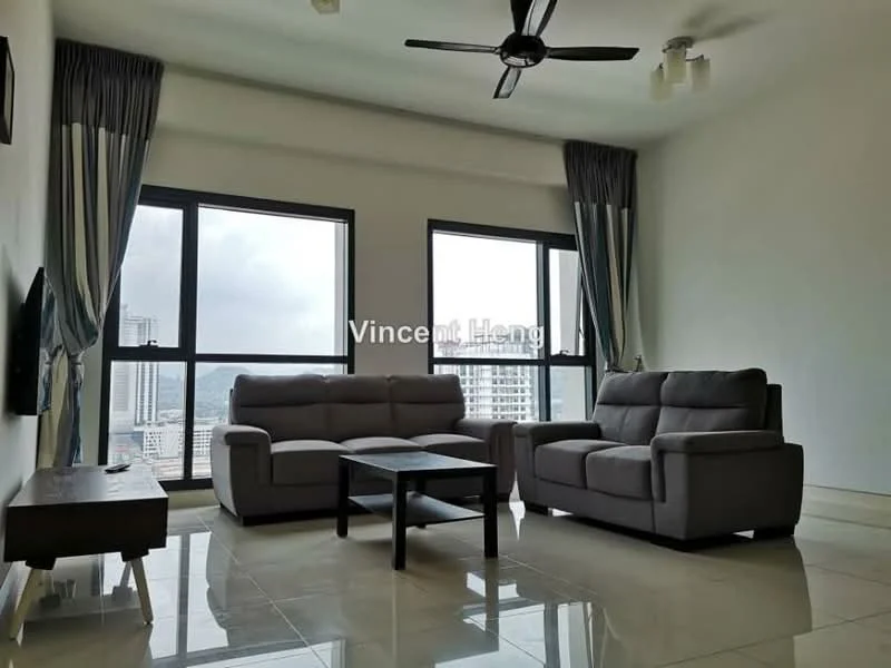 Living features: grey fabric 3-seater sofa, grey fabric 2-seater sofa, black coffee table, floor-to-ceiling windows, curtains in light blue, white painted walls, polished tile flooring, ceiling fan with light, wall-mounted TV, decorative wall art; style: modern; view: city.