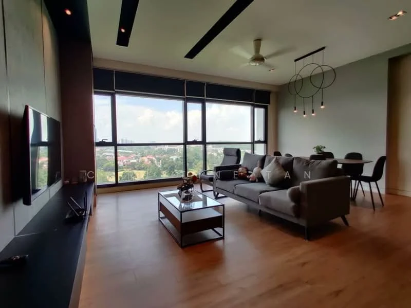 Living features: floor-to-ceiling windows, grey fabric sofa, coffee table, TV console, wall-mounted TV, 5-blade ceiling fan with light, recessed downlights, wooden flooring, decorative pendant lights, dining table with chairs, city view; style: modern; view: city.