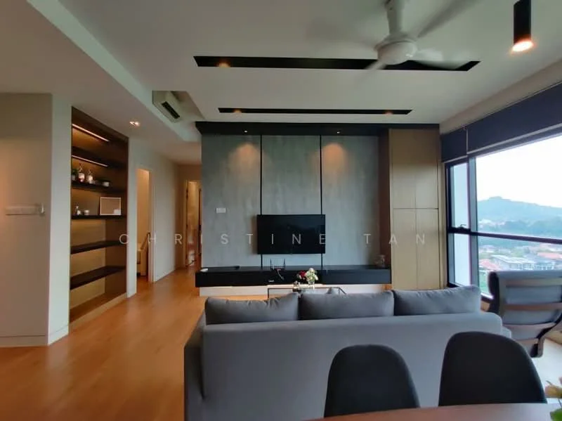 Living features: grey fabric sofa, coffee table, wall-mounted TV, built-in cabinetry with grey paneling, wooden flooring, ceiling fan, large windows with city view, recessed lighting, decorative shelving, open layout, neutral color palette; style: modern; view: city.