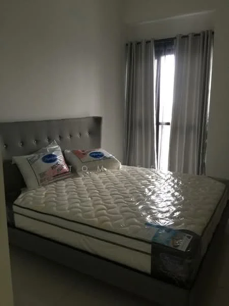 Bedroom features: king-size bed, upholstered headboard in grey, two decorative pillows, white bedding, floor-to-ceiling window, sheer curtains, grey wall, tile flooring; style: modern.