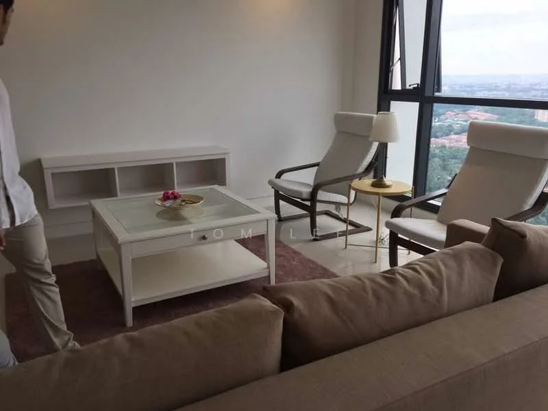 Living features: beige fabric sofa, glass coffee table, white wooden TV console, two armchairs in cream, area rug with neutral tones, floor-to-ceiling windows, city view, decorative flower arrangement; style: modern; view: city.