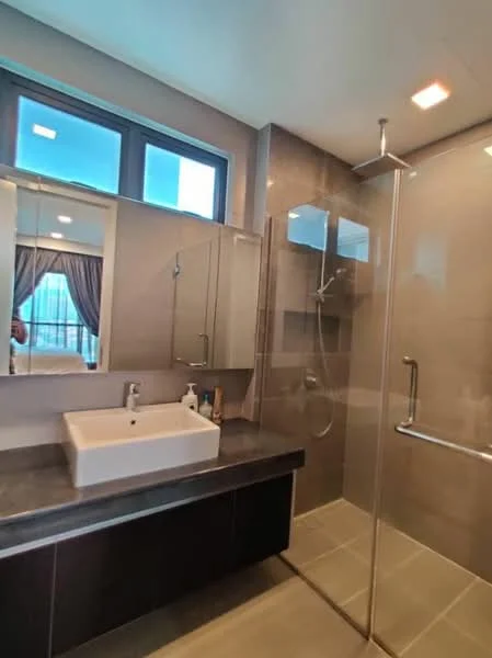 Bathroom features: single-sink vanity with white cabinet, chrome basin mixer faucet, framed mirror, walk-in shower with glass enclosure, rain shower head, handheld shower, grey tile flooring, grey wall tiles, recessed downlights, floor-to-ceiling windows with sheer curtains; style: modern; view: city.