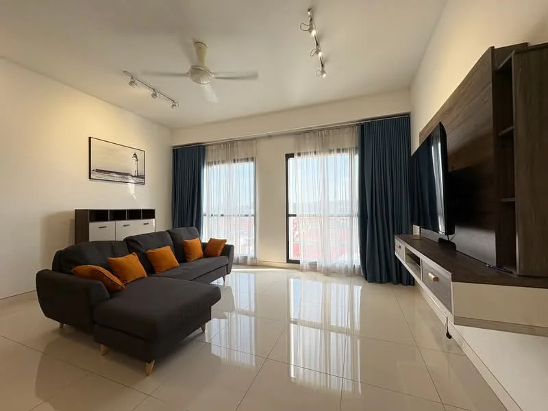 Living features: 3-seater fabric sofa in grey, orange accent cushions, wall-mounted TV, TV console with storage, large floor-to-ceiling windows, sheer curtains, blue drapes, recessed downlights, ceiling fan, glossy tile flooring, neutral painted walls; style: modern.