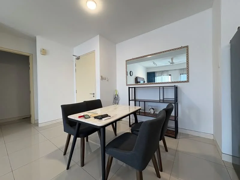 Dining features: marble dining table, 4 upholstered dining chairs in black, white painted walls, grey tiled flooring, mirror on wall, ceiling light fixture, open layout to living area, decorative shelving unit; style: modern. Room features: white painted walls, grey tiled flooring, doorway leading to hallway.