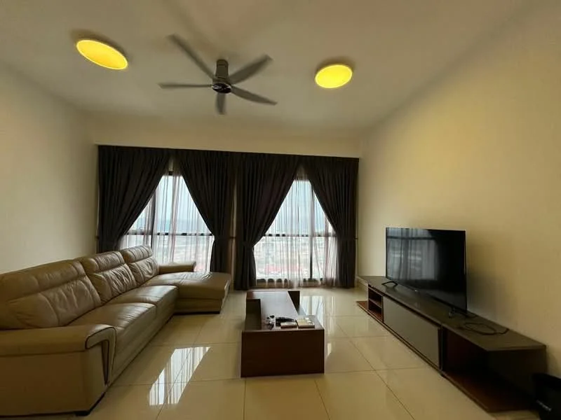 Living features: 3-seater leather sofa in beige, coffee table, TV console, wall-mounted TV, floor-to-ceiling windows, sheer curtains, blackout curtains, ceiling fan with light, glossy tile flooring, neutral painted walls, decorative wall art; style: modern; view: city.