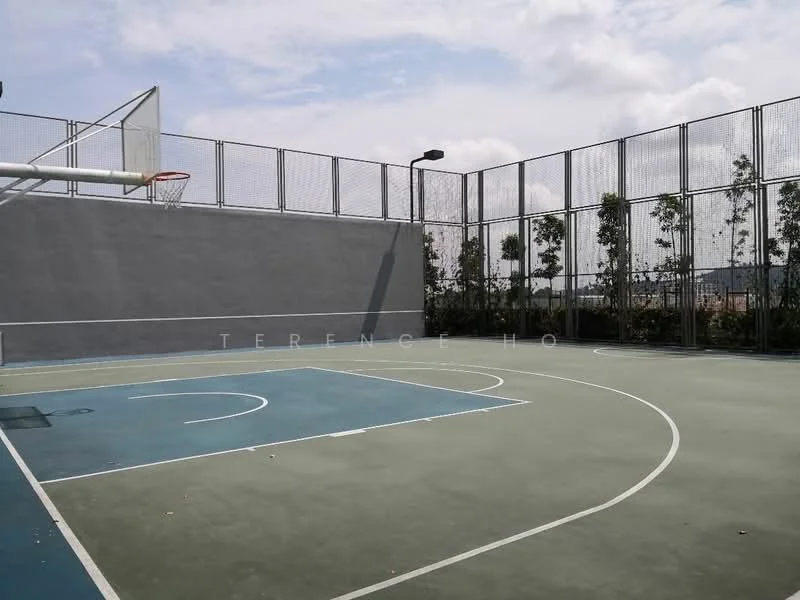 Exterior type: basketball court; features: outdoor basketball court, half-court layout, painted court lines, chain-link fencing, surrounding greenery, basketball hoop, concrete flooring, lighting fixtures; style: modern.