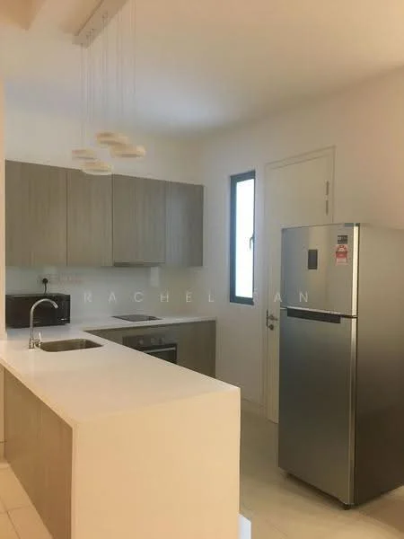 Kitchen features: white quartz countertop, stainless-steel single-bowl sink, chrome pull-down faucet, built-in oven, freestanding stainless-steel fridge, microwave, flat-panel light wood cabinetry, pendant lighting, tile flooring, window with view to the outside; style: modern.