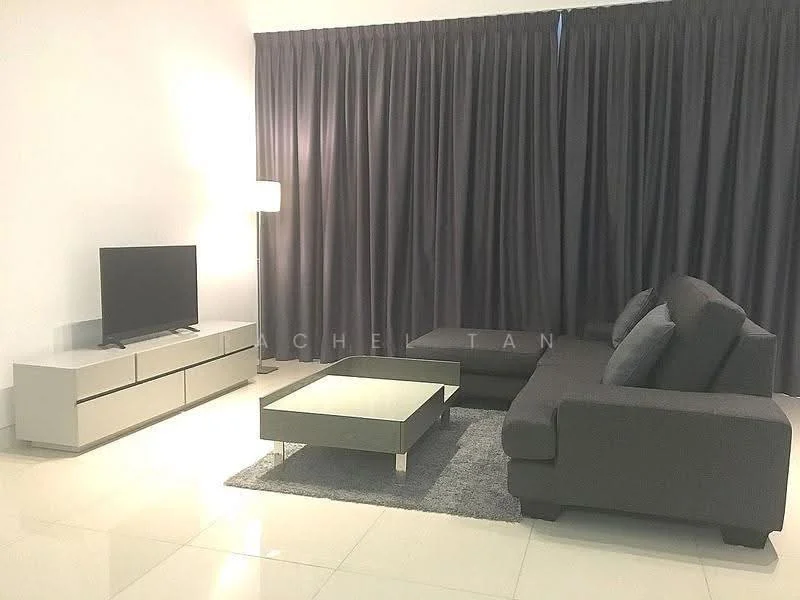 Living features: grey fabric L-shape sectional sofa, glass coffee table, TV console in light grey finish, wall-mounted flat-screen TV, area rug in grey, floor lamp with white shade, floor-to-ceiling curtains in dark grey, polished ceramic tile flooring, white painted walls, recessed downlights; style: modern.