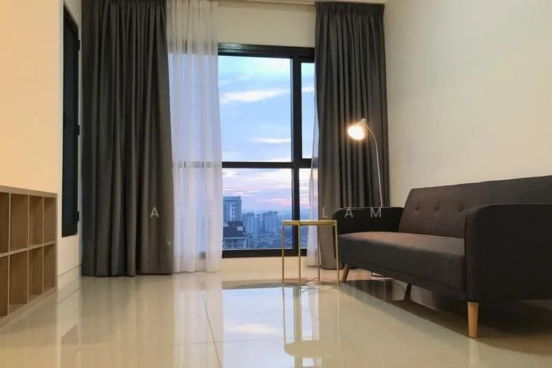Living features: grey fabric sofa, gold side table, floor-to-ceiling windows, sheer curtains, blackout curtains, polished tile flooring, table lamp, built-in shelving unit, city view; style: modern; view: city.