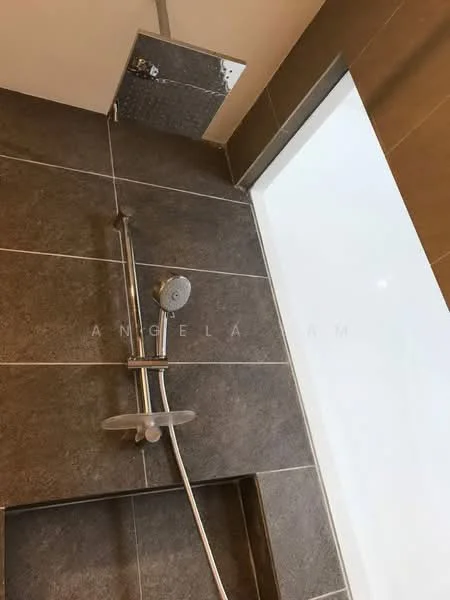 Bathroom features: rain shower head, handheld shower, chrome basin mixer, tile cladding in grey, glass shower enclosure, built-in niche for toiletries; style: modern.