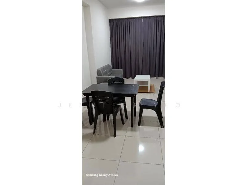 Dining features: black dining table, 4 black dining chairs, grey fabric sofa, white coffee table, floor-to-ceiling curtains, glossy tile flooring, neutral wall color, recessed lighting; style: modern.