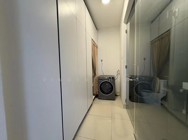 Laundry features: white cabinetry, washing machine, tiled flooring, glass partition, light fixture, curtain, neutral wall colour, built-in storage; style: modern.