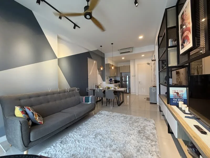 Living features: grey fabric 3-seater sofa, white area rug, black TV console, wall-mounted TV, decorative wall with geometric pattern, recessed downlights, 5-blade ceiling fan, dining table with chairs, open kitchen area, sliding glass door, white tiled flooring, large windows, decorative artwork; style: modern.