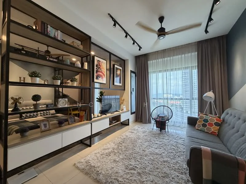 Living features: grey fabric sofa, colorful throw pillows, area rug with plush texture, open shelving unit with decorative items, wall-mounted TV, floor-to-ceiling windows, sheer curtains, ceiling fan with light, wall art, wooden coffee table, decorative plants; style: modern; view: city.