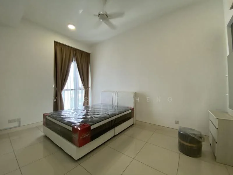 Bedroom features: queen-size bed, upholstered headboard, white bed frame, cream painted walls, floor-to-ceiling window, sheer curtains, ceiling fan, tile flooring, nightstand, decorative waste bin; style: modern.