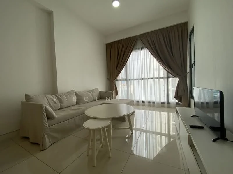 Living features: beige fabric sofa, white round coffee table, TV console, wall-mounted TV, floor-to-ceiling windows, sheer curtains, white painted walls, glossy tile flooring, recessed downlights; style: modern; view: city.