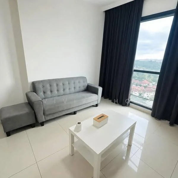 Living features: grey fabric sofa, white coffee table, floor-to-ceiling windows, blackout curtains, white painted walls, glossy tile flooring, mountain view; style: modern; view: mountain.