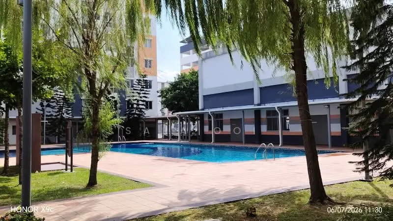 Exterior type: swimming pool deck; features: swimming pool, pool deck with loungers, surrounded by trees, manicured landscaping, paved walkway, fenced area, outdoor lighting, shade from trees; style: modern.