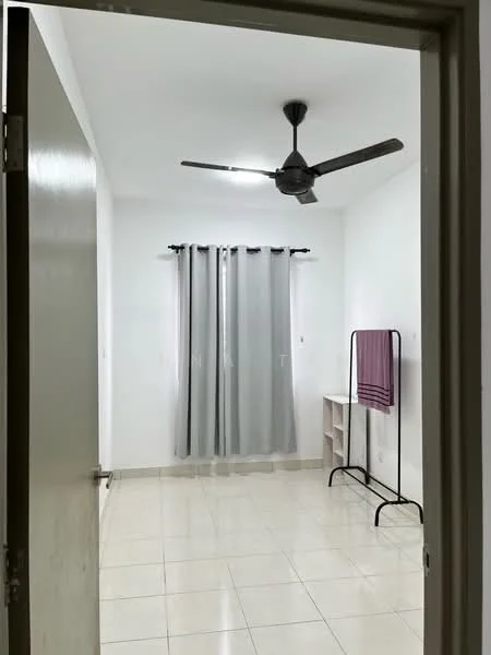 Room features: white painted walls, tile flooring, 5-blade ceiling fan, floor-to-ceiling window, sheer curtains, light grey curtains, clothes rack, small shelving unit; style: modern.