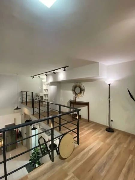 Room features: wooden flooring, white painted walls, track lighting, decorative mirror, open railing, sconce lighting, decorative plant, wooden console table; style: modern.