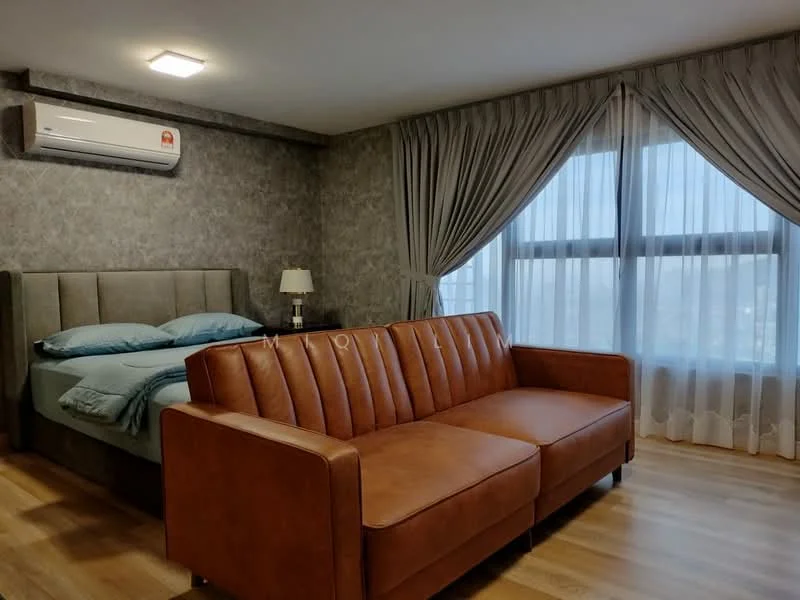 Bedroom features: king-size bed with grey upholstered headboard, blue bedding, 2 bedside lamps, 3-seater leather sofa in brown, floor-to-ceiling windows, sheer curtains, grey wallpaper, wooden flooring, wall-mounted split AC; style: modern; view: city.