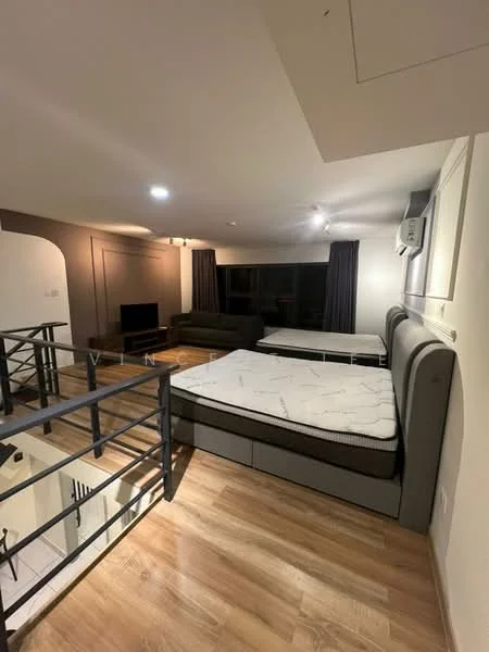 Room features: wooden flooring, grey upholstered bed frame, mattress on bed, sofa in dark grey, wall-mounted TV, floor-to-ceiling windows, blackout curtains, wall-mounted split AC, recessed downlights, open railing, neutral wall colour; style: modern; view: city.