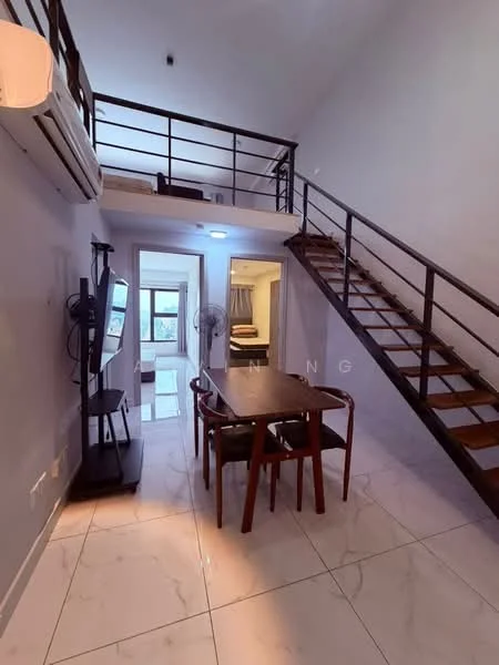 Living features: marble tile flooring, white painted walls, exposed metal railing, wooden staircase, ceiling-mounted air conditioning unit, dining table with wooden legs, 4 dining chairs, large window with city view, recessed ceiling lights; style: modern; view: city. Room features: white painted walls, carpeted flooring, ceiling light.