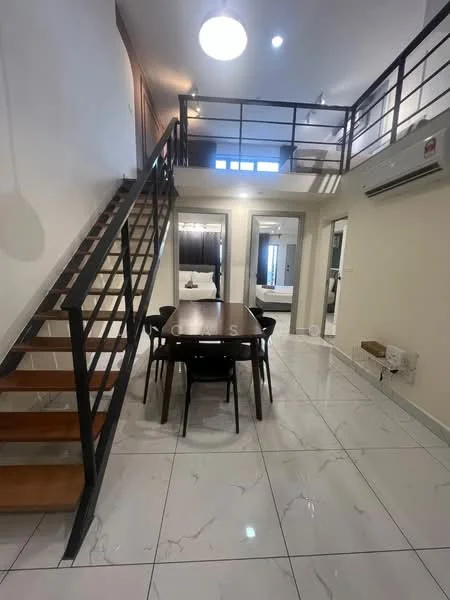 Dining features: dining table with 6 chairs, white marble tile flooring, high ceiling, staircase with metal railing, recessed downlights, air conditioning unit on wall, large window for natural light, open layout to living area; style: modern. Room features: white painted walls, light fixture on ceiling, doorway leading to other rooms.