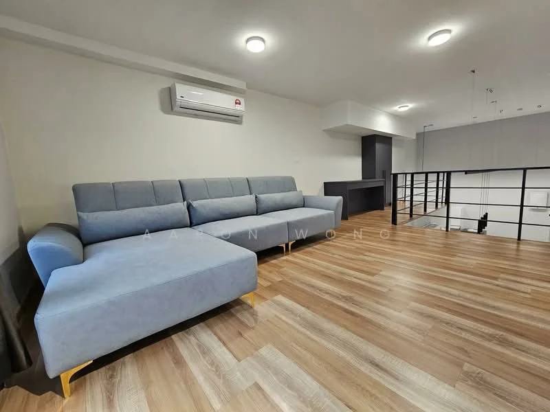 Living features: L-shape sectional sofa in light blue, wooden flooring, wall-mounted split AC, recessed downlights, open-plan layout, black metal railing, neutral painted walls, large windows for natural light; style: modern.