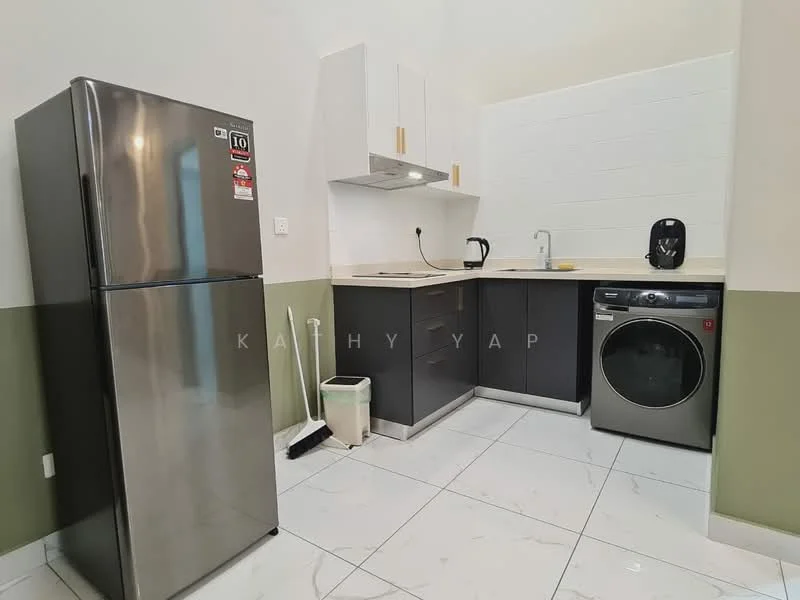 Kitchen features: stainless-steel fridge, built-in oven, single-bowl stainless-steel sink, chrome pull-down faucet, white countertop, dark grey cabinetry, washing machine, white tiled backsplash, marble tile flooring, recessed downlights, wall-mounted kitchen hood, kettle; style: modern.