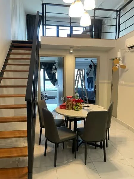 Dining features: round dining table, 4 upholstered dining chairs, white walls, tile flooring, recessed downlights, air conditioning unit, large windows with city view, staircase with wooden steps and metal railing; style: modern; view: city. Room features: white walls, tile flooring, large windows, air conditioning unit.