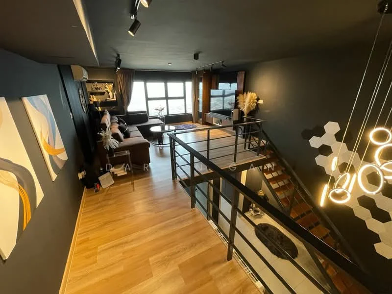 Living features: dark painted walls, wood flooring, floor-to-ceiling windows, sofa in brown fabric, coffee table, decorative wall art, recessed downlights, open railing, decorative lighting fixture, area rug; style: modern; view: city. Room features: staircase with wooden steps, metal railing, decorative elements on the wall.