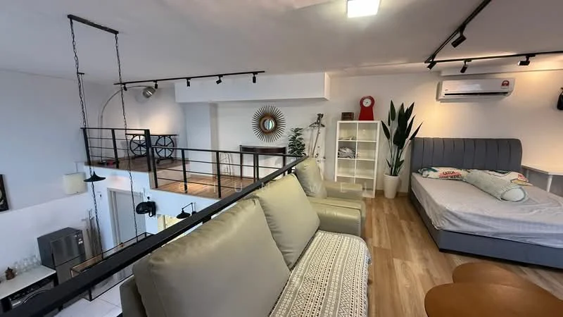 Living features: sofa in light grey fabric, wooden coffee table, laminate flooring, recessed LED downlights, wall-mounted air conditioning unit, decorative mirror, houseplants in ceramic pots, open shelving unit, wooden railing, exposed ceiling beams; style: modern. Bedroom features: queen-size bed with grey upholstered headboard, bedding in light colors, wooden flooring, wall-mounted clock, decorative wall art; style: modern.