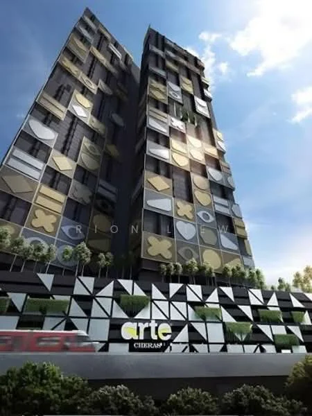 Exterior type: high-rise condominium; features: glass curtain wall, decorative facade with geometric patterns, projecting balconies, landscaped planters on balconies, two-tone color scheme, modern architectural design, surrounded by greenery, prominent building signage, multiple storeys, urban context; style: modern.