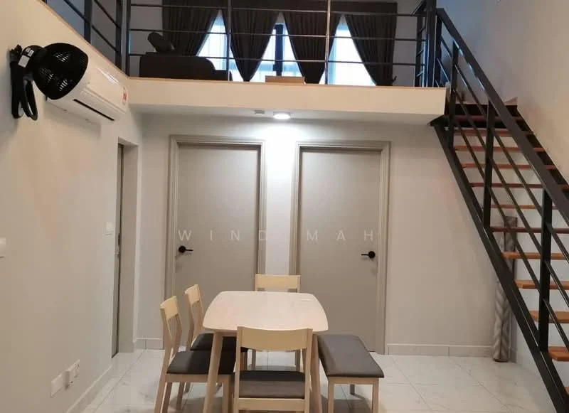 Dining features: 4-seater dining table, grey upholstered bench seating, white chairs, white walls, tile flooring, wall-mounted split AC, recessed lighting, staircase with wooden steps, metal railing, two closed doors, curtains on windows; style: modern.