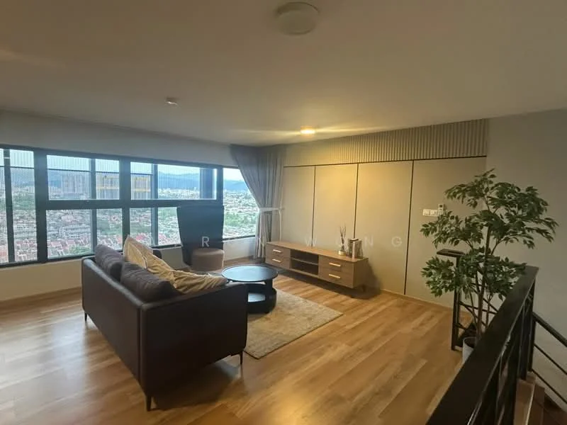 Living features: 3-seater fabric sofa in brown, coffee table, TV console, wall-mounted TV, area rug, floor-to-ceiling windows, curtains, wooden flooring, decorative plant, light fixture on ceiling, accent wall with paneling; style: modern; view: city.