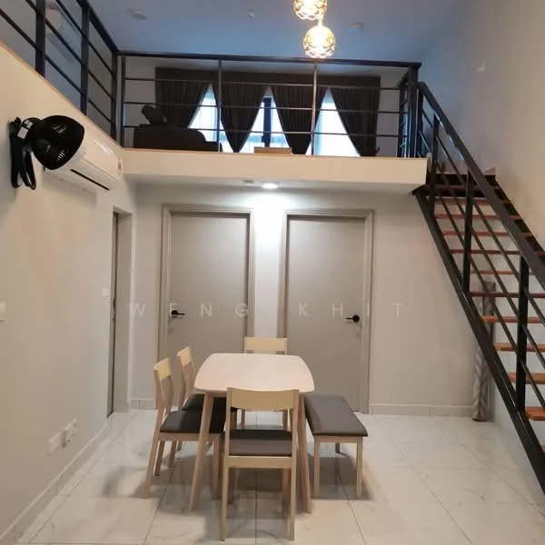 Living features: white painted walls, marble tile flooring, 5-blade ceiling fan, recessed downlights, dining table with 4 chairs, staircase with wooden steps, two doors leading to unknown rooms, large windows with curtains, decorative pendant lights; style: modern.